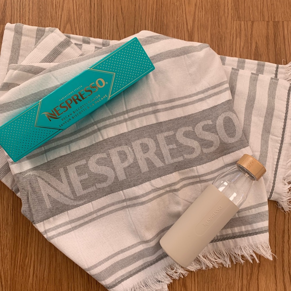 Nespresso Towel and Glass Water Bottle Bundle